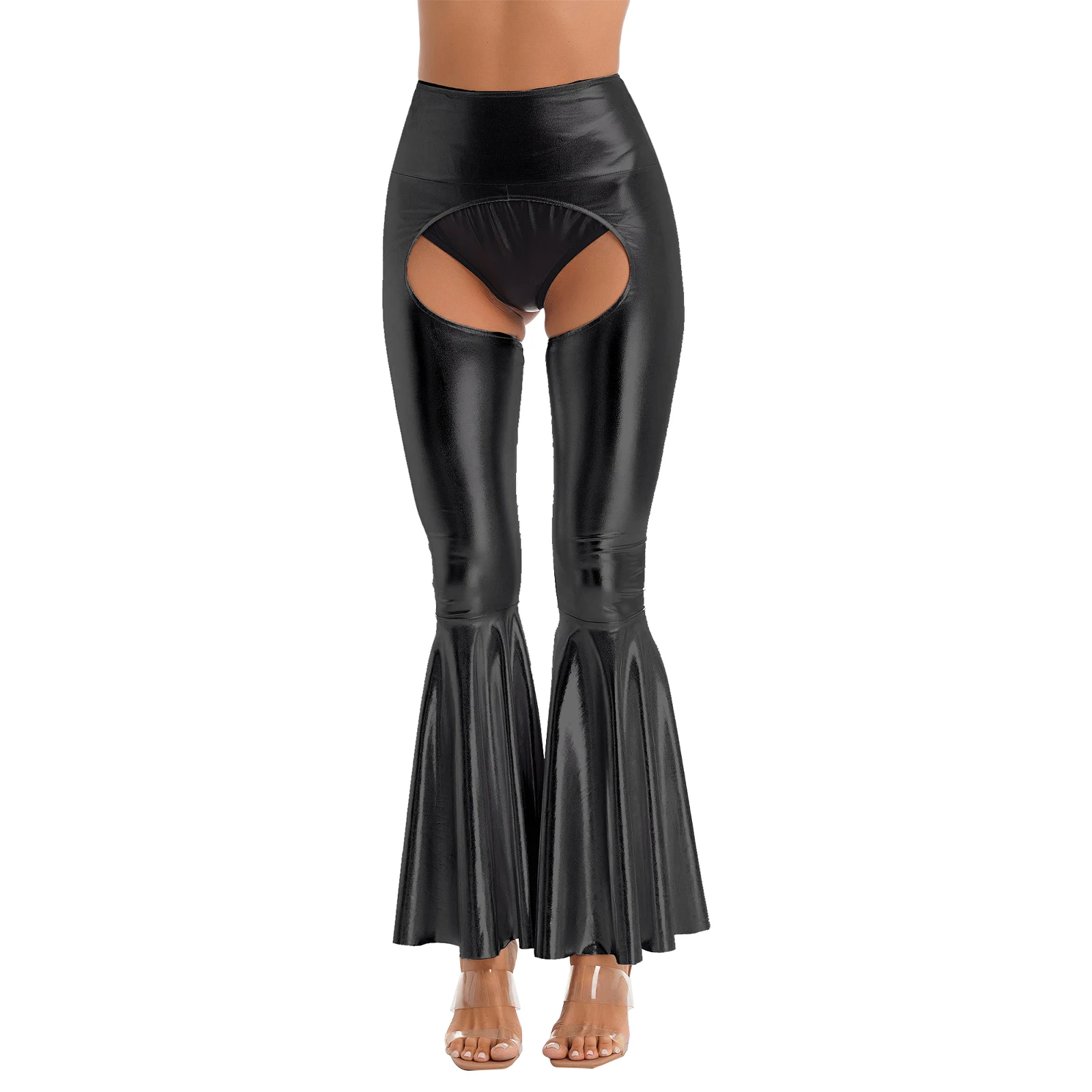 

Sexy Womens Metallic Shiny Crotchless Flared Pants Dance Party High Waist Cutout Bell-Bottomed Trousers Club Stage Performance