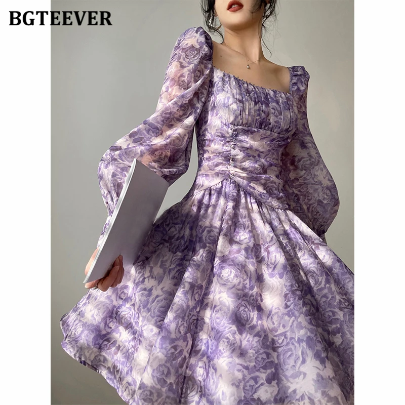 

BGTEEVER Stylish Square Collar Floral Dress for Women Spring Elegant Slim Waist Full Sleeve Women A-line Dress vestidos