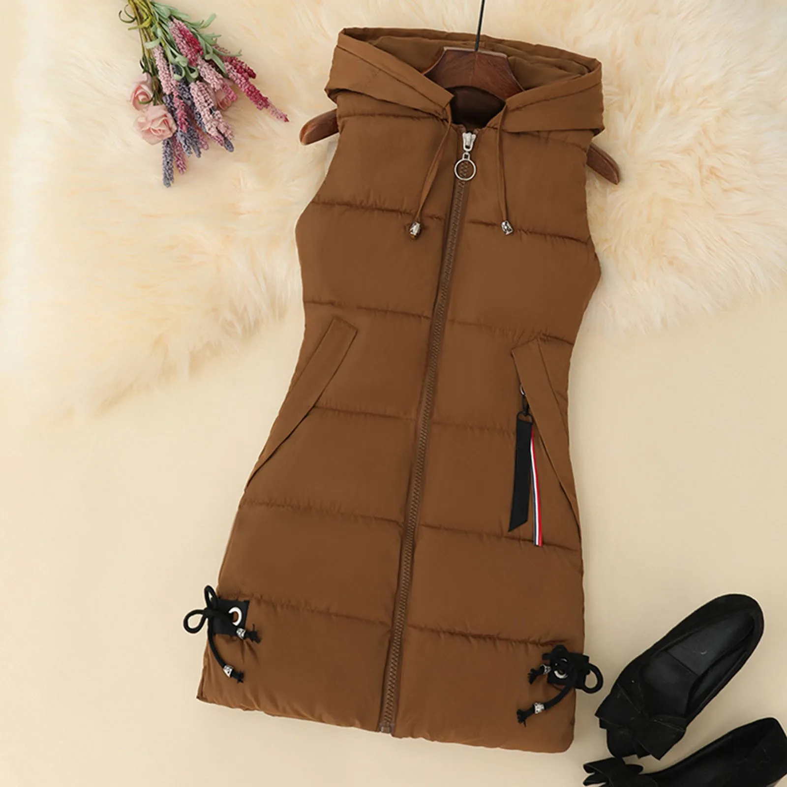 Женская Повседневная однотонная куртка жилет с капюшоном приталенная