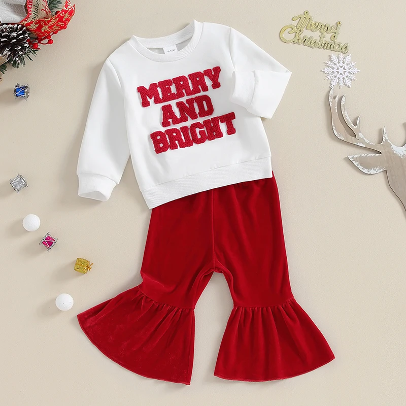 

Kupretty осенне-зимняя одежда для маленьких девочек, детские толстовки с круглым вырезом и Сантой, комплект из ребристых расклешенных брюк и рождественских нарядов для малышей