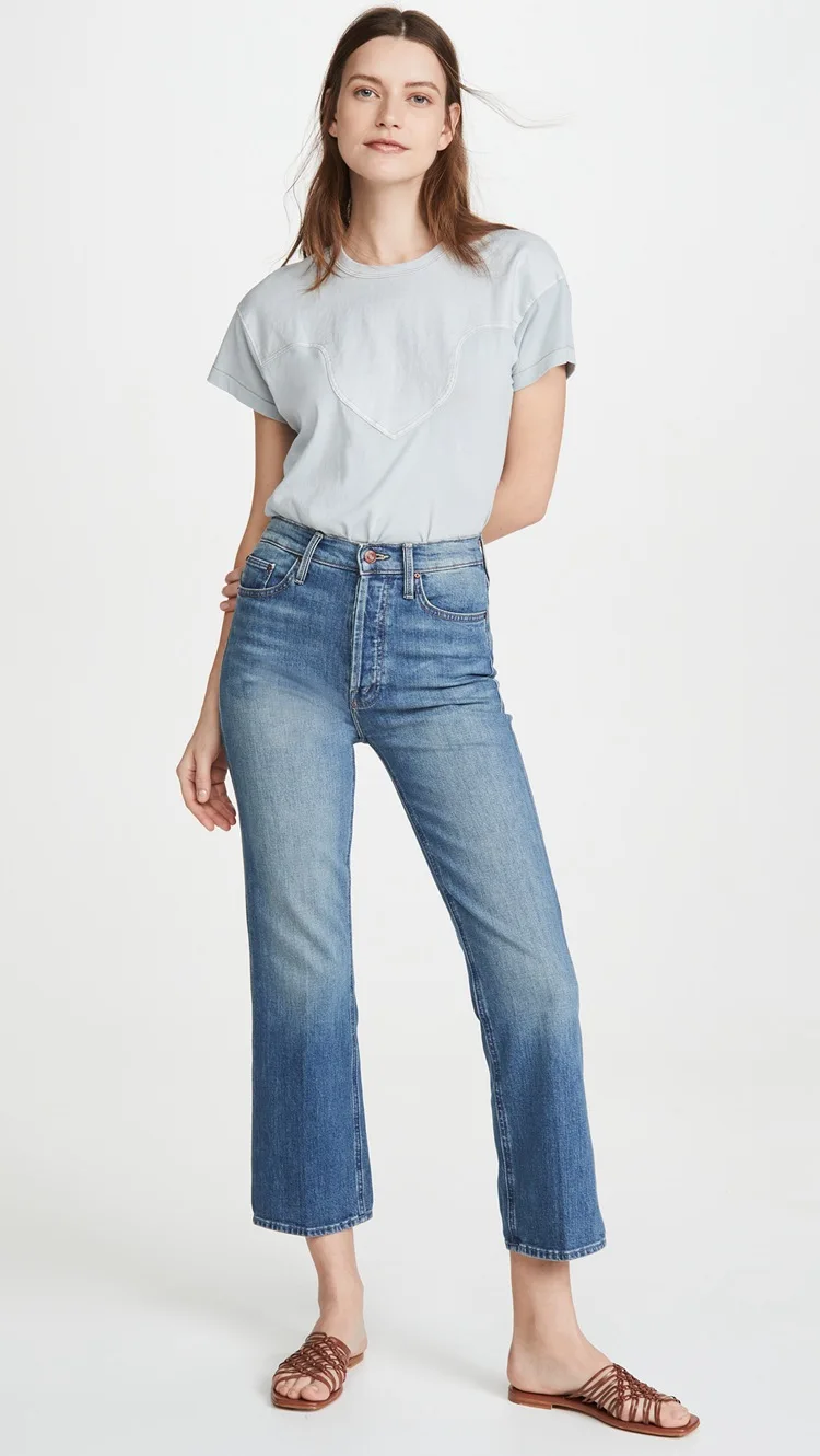 

EOS 2023 новые эластичные штаны с высокой талией и вышивкой бабочки индивидуальные микро-лабораторные штаны девять точек синие тонкие джинсы длиной ноги женские