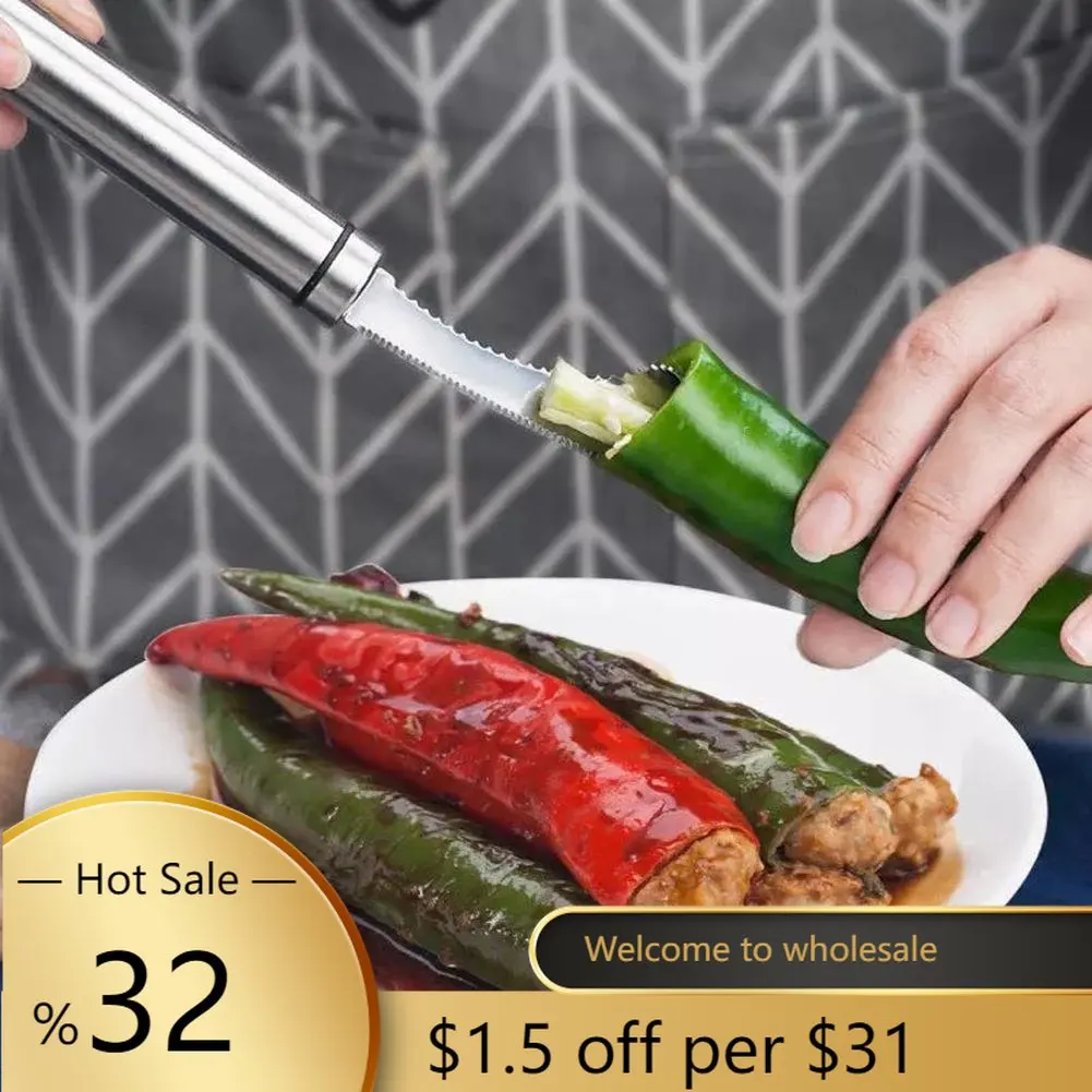 

Вырезанный перец из нержавеющей стали в ядро бытовой тигровый перец зеленая кожа Искусственный перец инструмент для удаления сердцевины