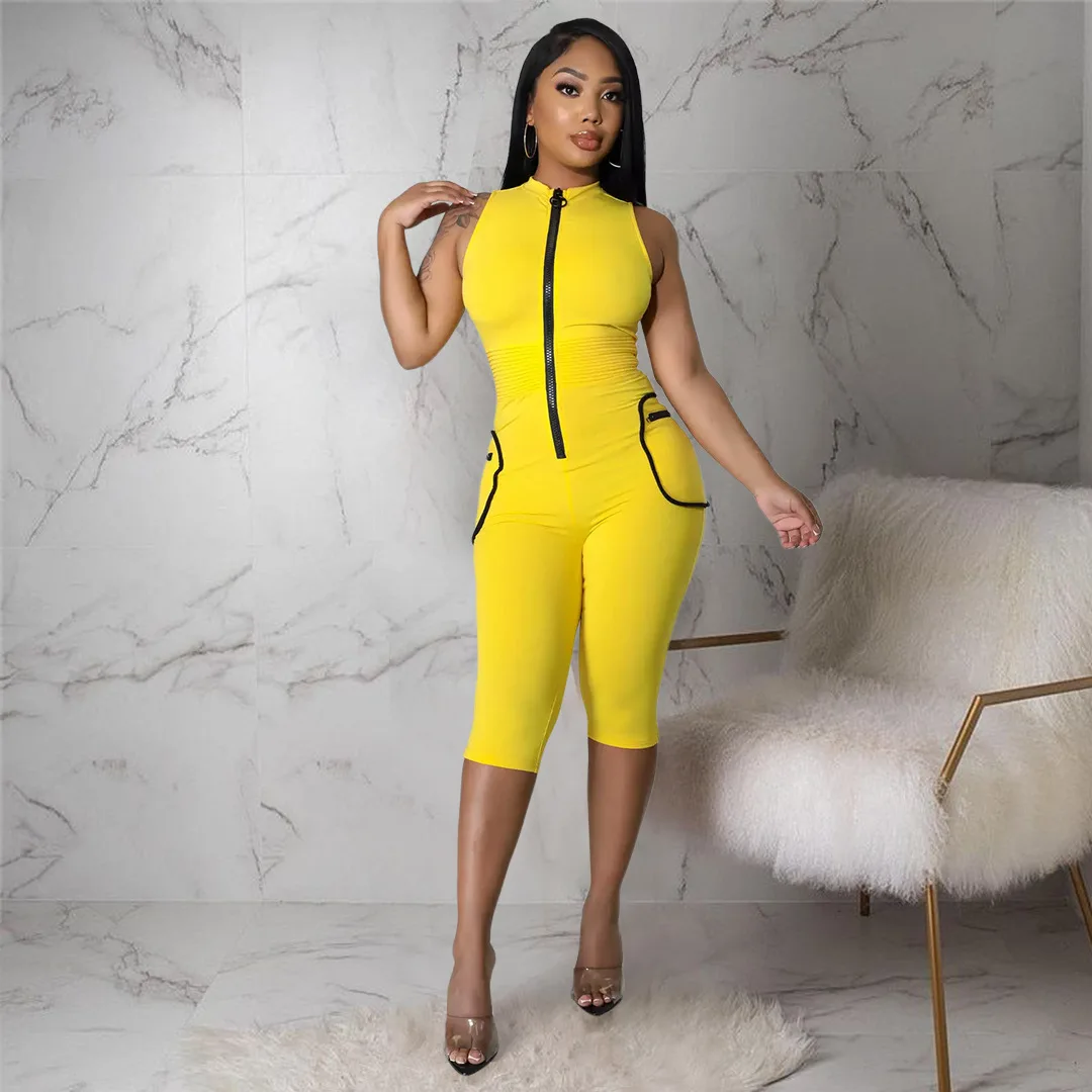 GL6568 Ladies Jumpsuit Summer Women's Solid Color Stand Collar Zipper Pocket Pleated Sports Jumpsuit Women