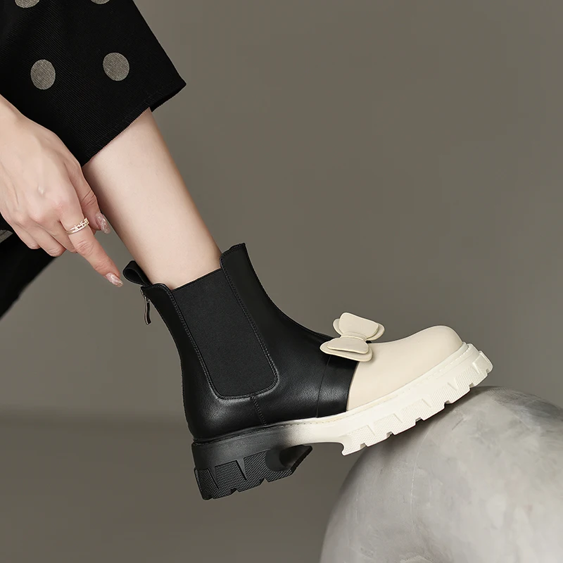 Lolita Style Chelsea Short Boots Women Cow Leather Ankle Booties 2022 Luxury Bow Decorate Gradual Black White Girls Wedges Shoes