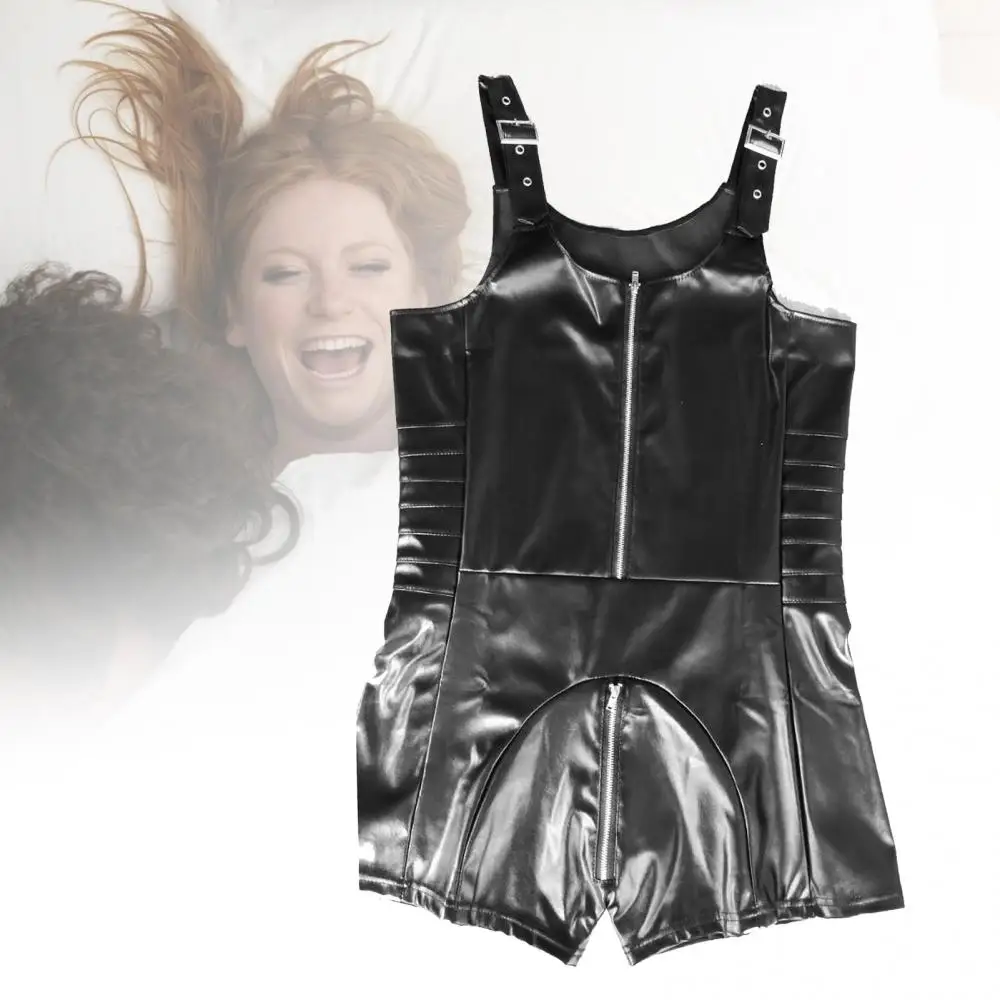 

Sexy Men Underwear Sleeveless Open Crotch Faux Leather Zipper Bodysuit Shorts Jumpsuit Shapers