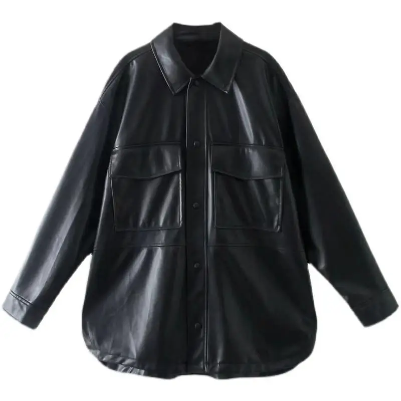 Autumn Women's PU Imitation Leather Shirt Coat Leather Coat  Faux Leather Single Breasted Blouse for Lady Formal Top