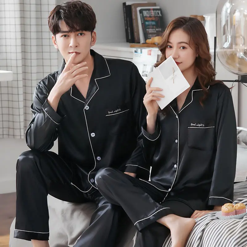 1 Spring couple silk long sleeve pajamas woman solid color ice silk autumn style home wear cardigan men's suit