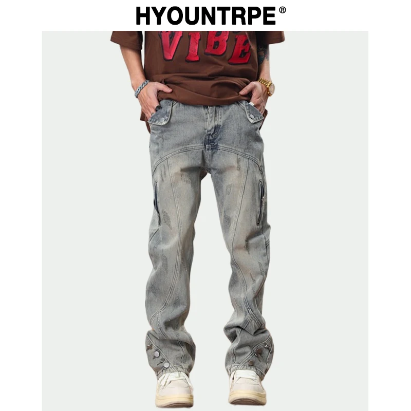 Hip Hip Streetwear Denim Straight Pants Mens Harajuku Retro Washed Cotton Casual Zipper Joggers Jeans Trousers Pants Jean Men