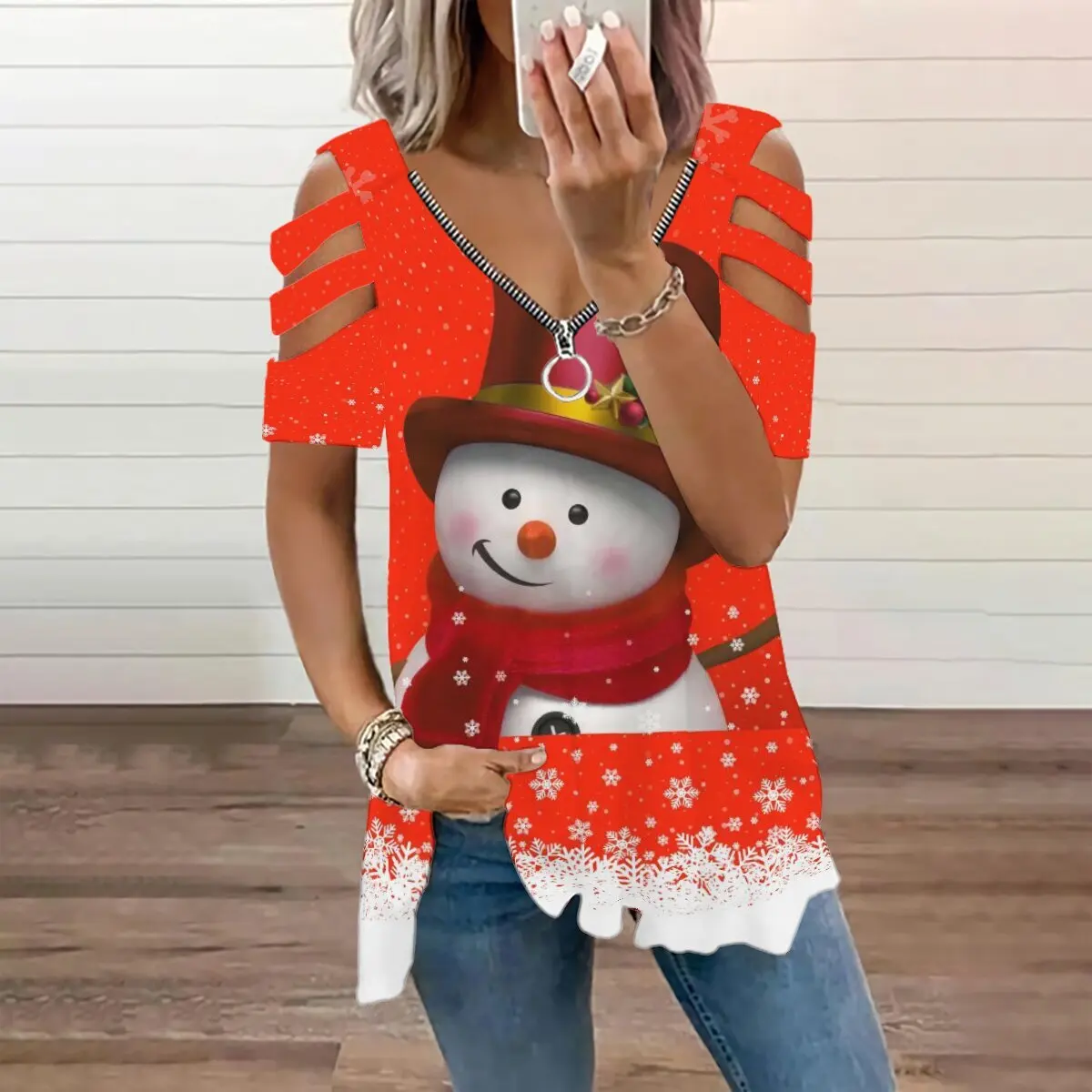 

Snake Yx Women's Fall Christmas Snowman Print Casual Zip V-Neck Off Shoulder Short Sleeve Top Plus Size XXS-10XL
