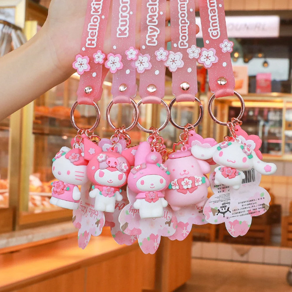 

Kawaii Kuromi Kittys My Melody Cinnamoroll Purin Model Keychain Cartoon Cherry Blossom Anime Doll Keyring Bag Pendent Gifts Toys
