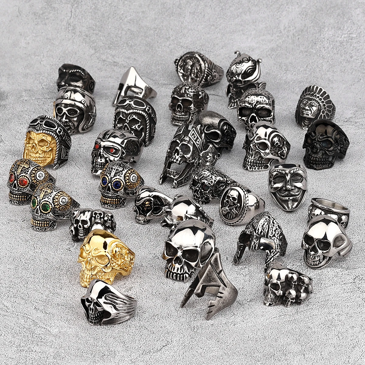 Stainless Steel Men's Ring Retro Personality Zircon Skull Gothic Hip Hop Punk Jewelry Set Creative Gift Custom Wholesale
