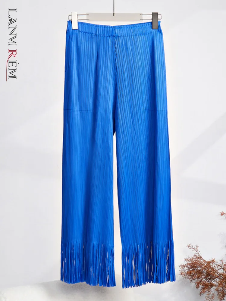 

LANMREM Designer Tassels Pleated Pants For Women High Elastic Waist Straight Wide Leg Trousers Casual Thin 2023 New 32D268