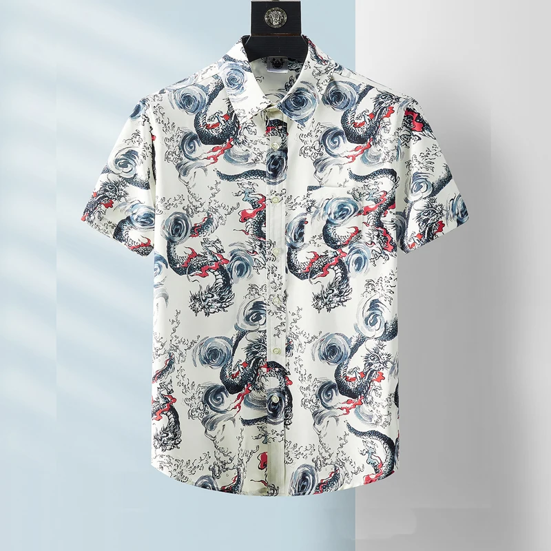 

Мужская одежда в европейском и американском стиле, Новинка лета 2022, однобортная Модная рубашка с короткими рукавами и отложным воротником и принтом дракона