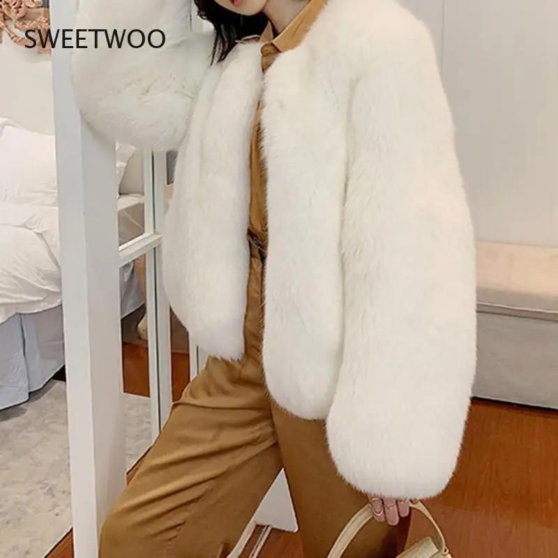 High Quality Faux Fox Fur Coat Women Winter Warm Long Sleeves Thick Fur Jacket Coat Female 2021 New Fashion Elegant Tops Slim
