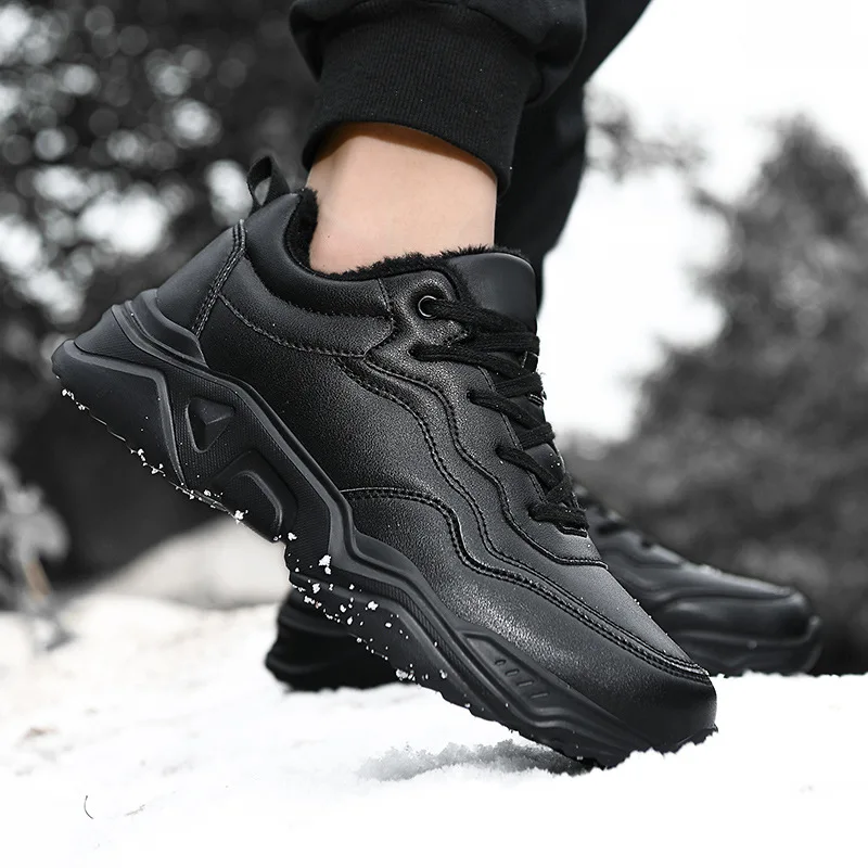 

Black Men Shoes Artificial Leather Lightweight Soft Comfortable Men Casual Shoes Warm Fur Winter Cotton Shoes Non-slip Sneakers