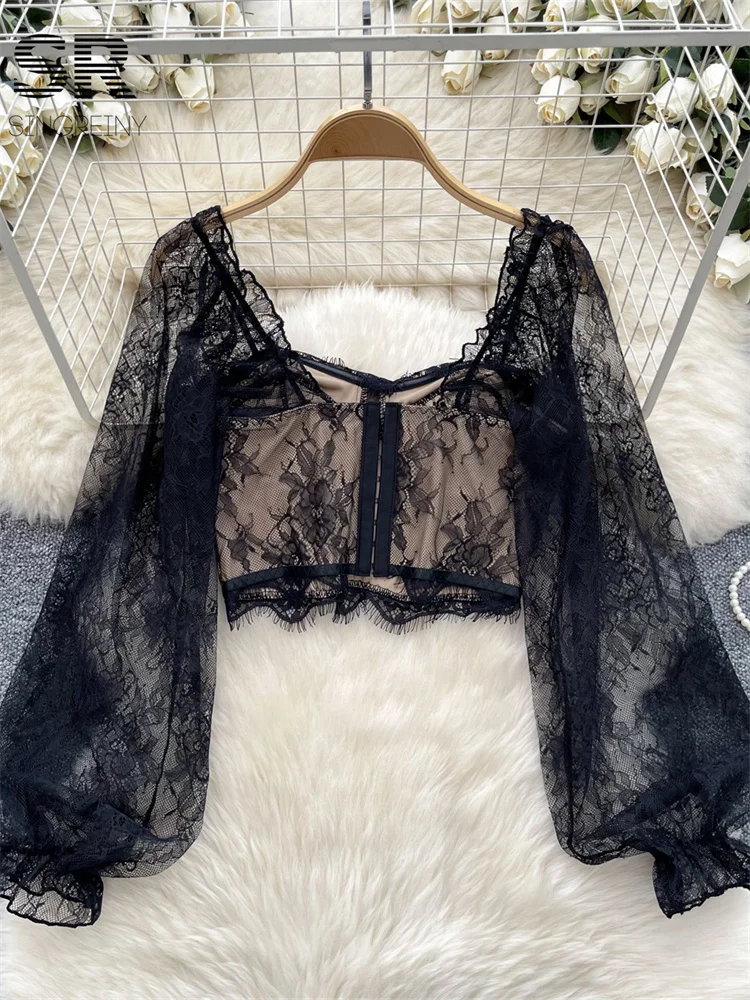 Кружевная пикантная женская рубашка SINGREINY блузка с расклешенными рукавами и