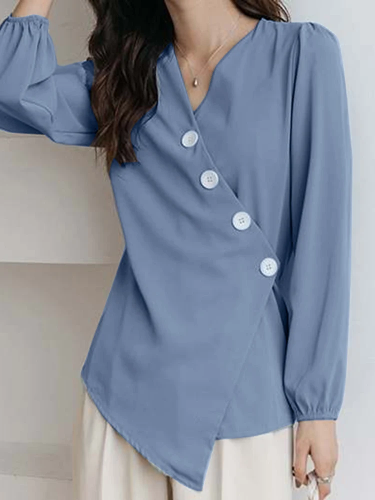 

Женская элегантная офисная блузка ZANZEA, Весенняя рубашка с V-образным вырезом и длинным рукавом, повседневные модные блузки на пуговицах, одн...