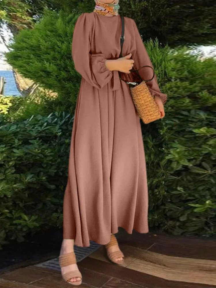 

Fashion Abayas For Women Muslim Solid Dress ZANZEA Elegant Puff Sleeved O Neck Vestidos Causal Holiday Party Ramadan Isamic Robe