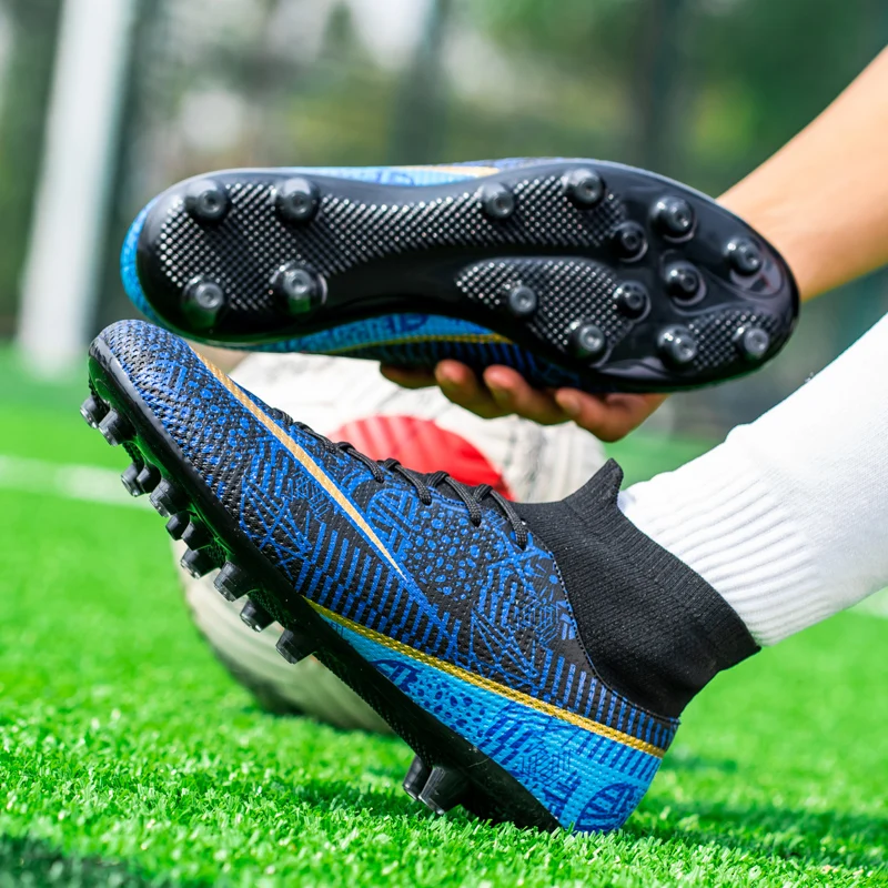 Soccer Shoes For Men Blue High Ankle Outdoors Training Football Boots TF/FG Non-slip Indoor Cleats Kids Turf Football Sneaker