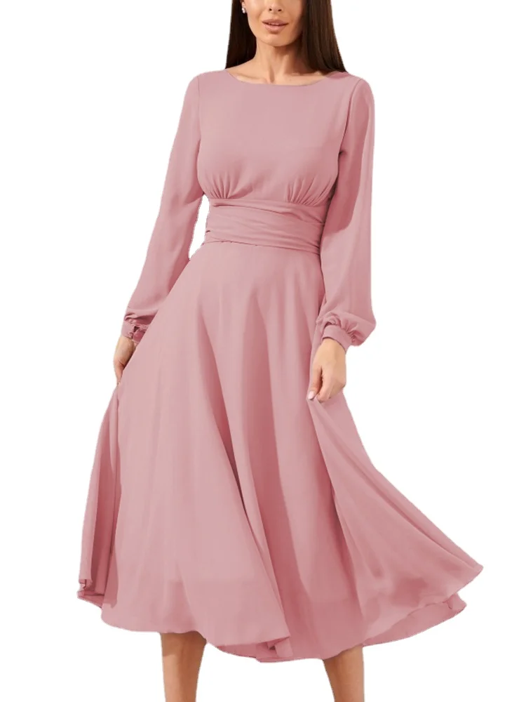

2022 New Women's Solid Chiffon Bridesmaids Dresses Bohemian Style Long Sleeve Backless Sexy A-line Party Vestidos De For Guest