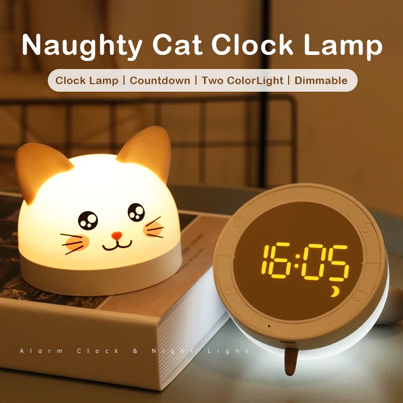 

Симпатичный кот Будильник для детей с 2 цветными светодиодными лампами ТАЙМЕР ПОВТОР перезаряжаемый ночник Рождественские подарки для детей