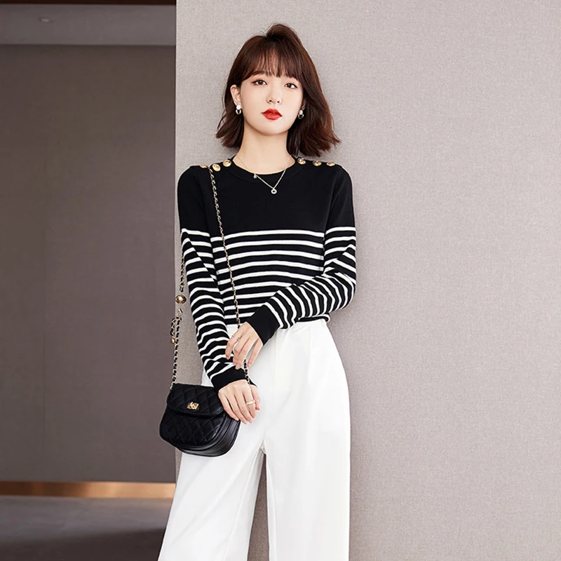 

Cashmere Knitted Sweater Women Stripe O-Neck Autumn And Winter Warm Solid Casual Long Sleeve Pullovers Women Warm Jumper
