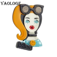 yaologe acrylic blonde smiley kiss girl brooches for women kids new design cartoon figure pins badges accessories jewelry gift