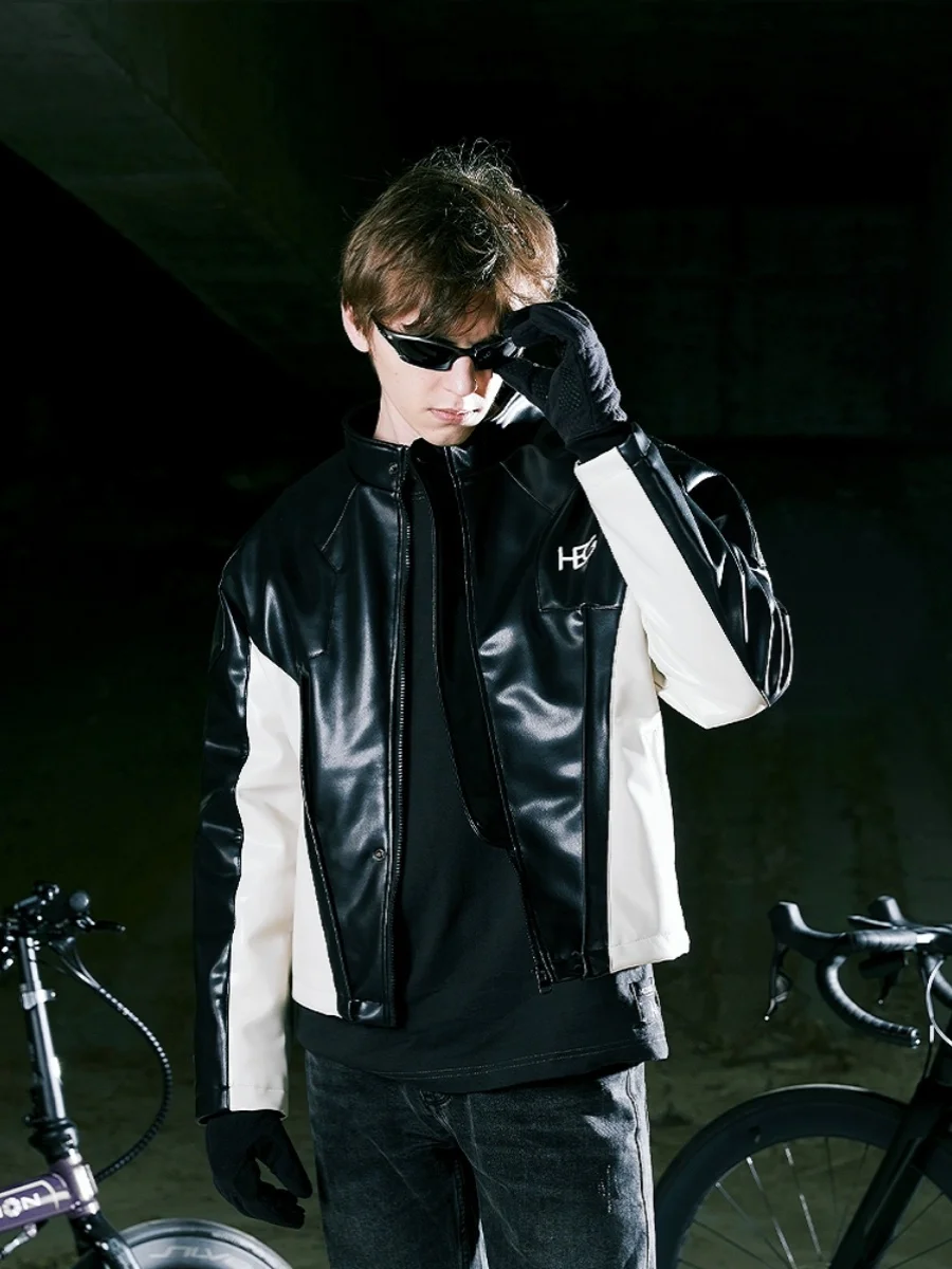 HEG Ci черно-белая лоскутная куртка из искусственной кожи для верховой езды теплая