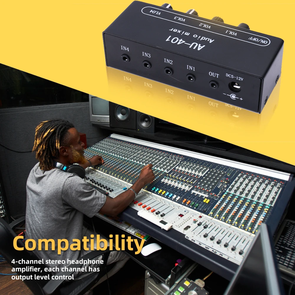 

4-канальный аудиоусилитель 3,5 мм с разъемом AUX DC 5-12 В усилитель для наушников с адаптером питания усилитель для наушников 4 входа 1 выход для К...