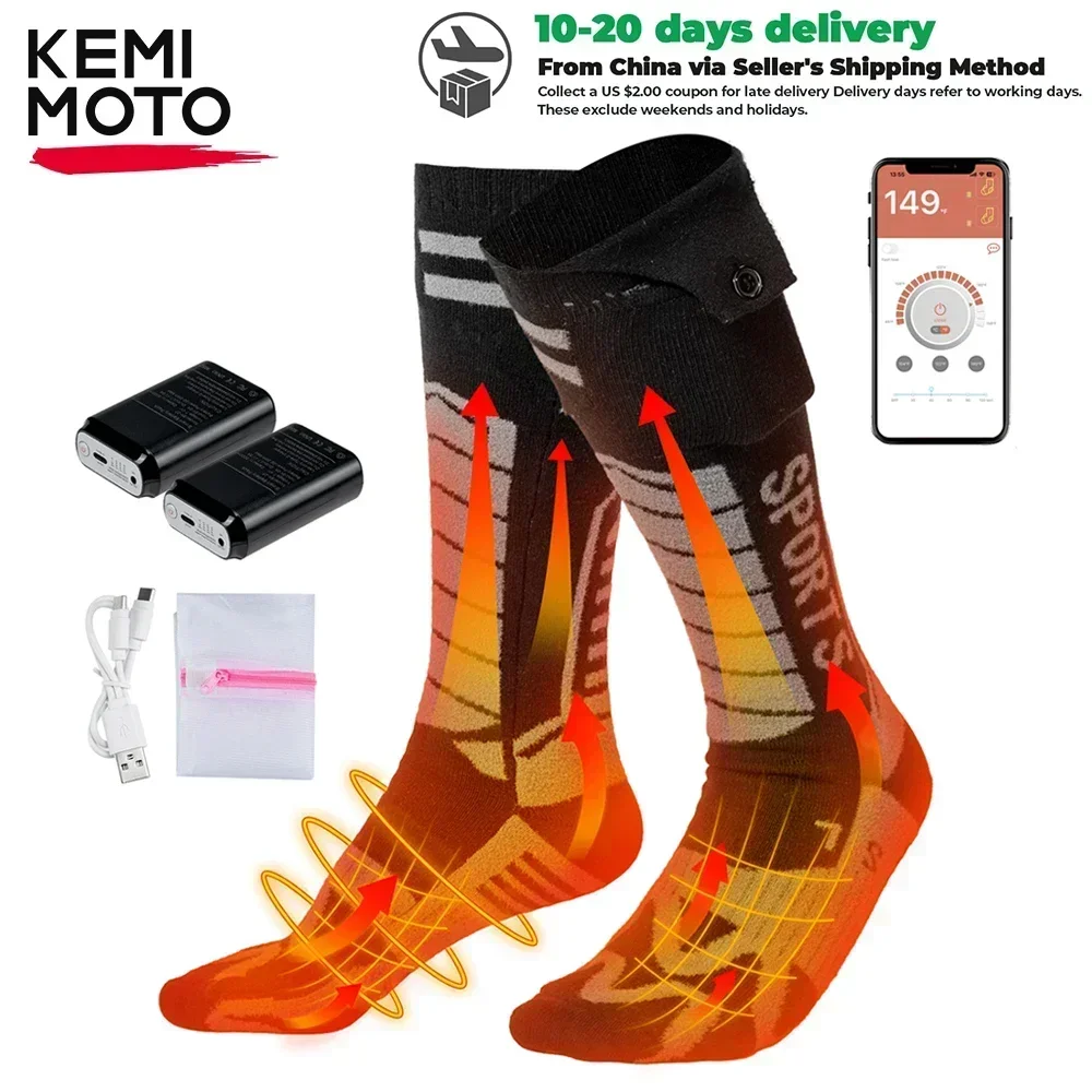 

KEMIMOTO Heated Socks APP Contorl Rechargeable Battery Stocking Thicken Winter Cotton Socks Foot Warmers For Skiing Hunting Moto