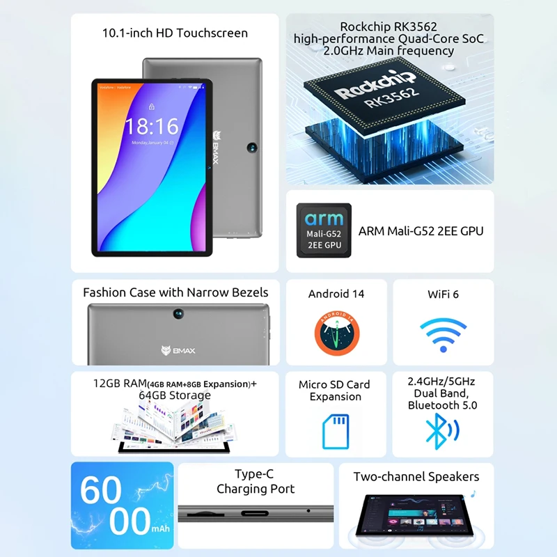 Детский планшет BMAX I9 Plus Android 14 GPU G522EE 8 ГБ ОЗУ 64 ПЗУ 10 1 дюйма Allwinner RK3562