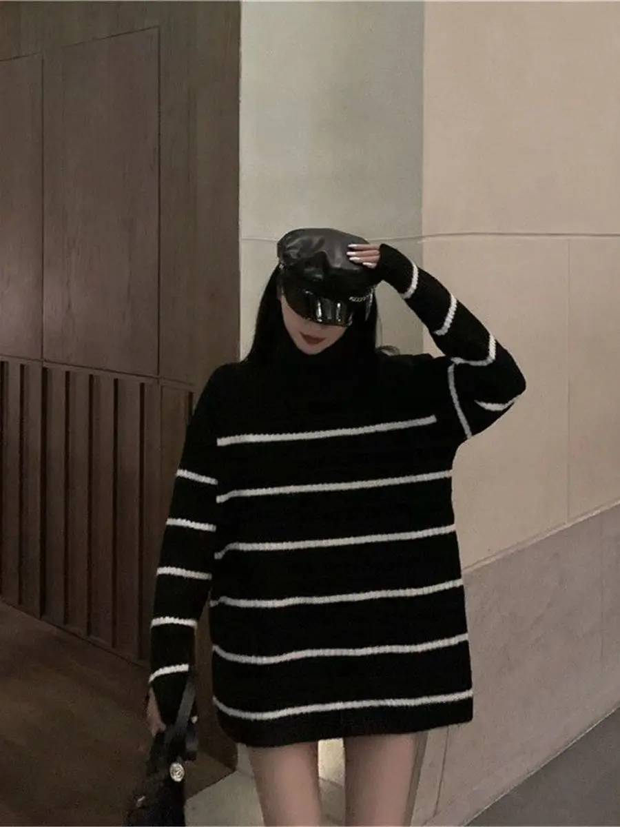 Модные полосатые топы Ulzzang Женский вязаный свитер зимняя свободная водолазка в