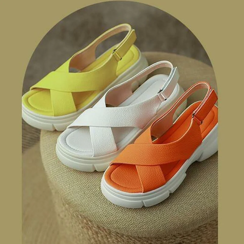 

2022 Summer New Roman Sandals Women's Platform Thick Bottom Cross Casual High Heels Large Size 41 Open Toe Women's Shoes