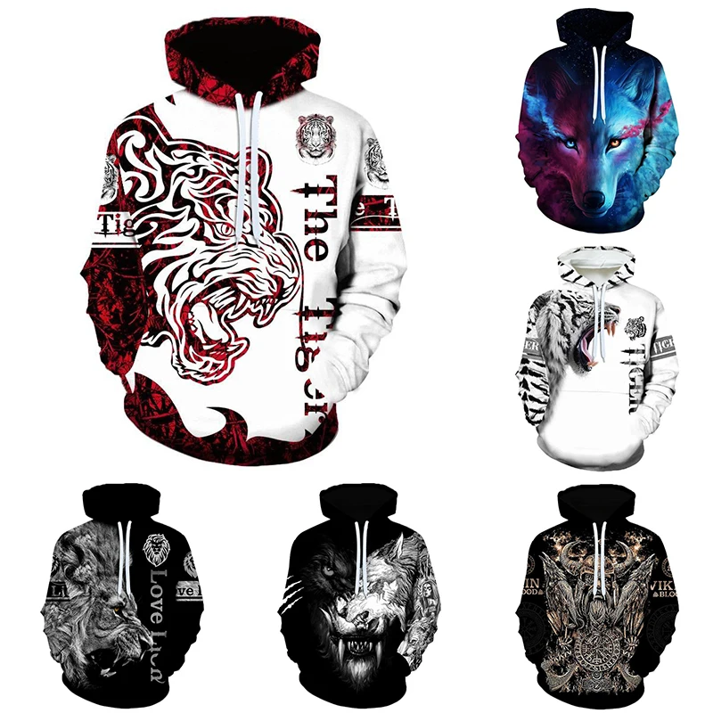 

2023 New Men's Street Retro Hip Hop Hoodie Autumn Winter Oversized Men's Hoodie Y2K Top Clothing Printed Lion Pattern Hoodie