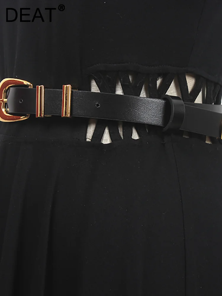 

[DEAT] Women's Metal Buckle Belt Retro Adjustable Pair With Dress Solid Color Narrow Fashion Female Belts 2023 New 13DB1474
