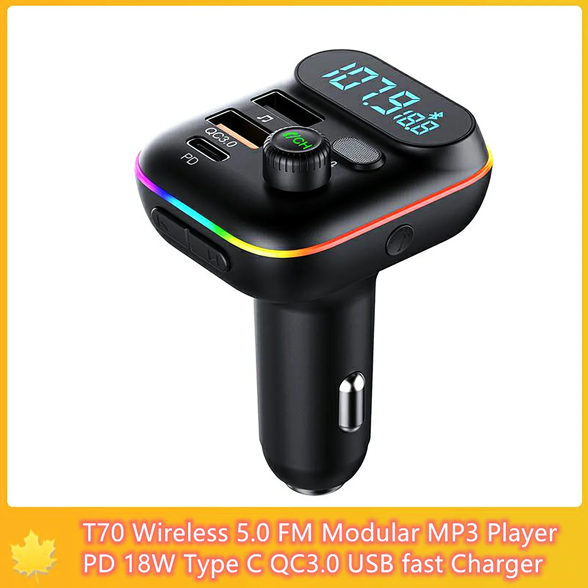 

T70 беспроводной FM модульный MP3-плеер PD 18 Вт Тип C QC3.0 USB быстрое зарядное устройство для автомобиля 5.0 Стандарт беспроводной FM-передатчик