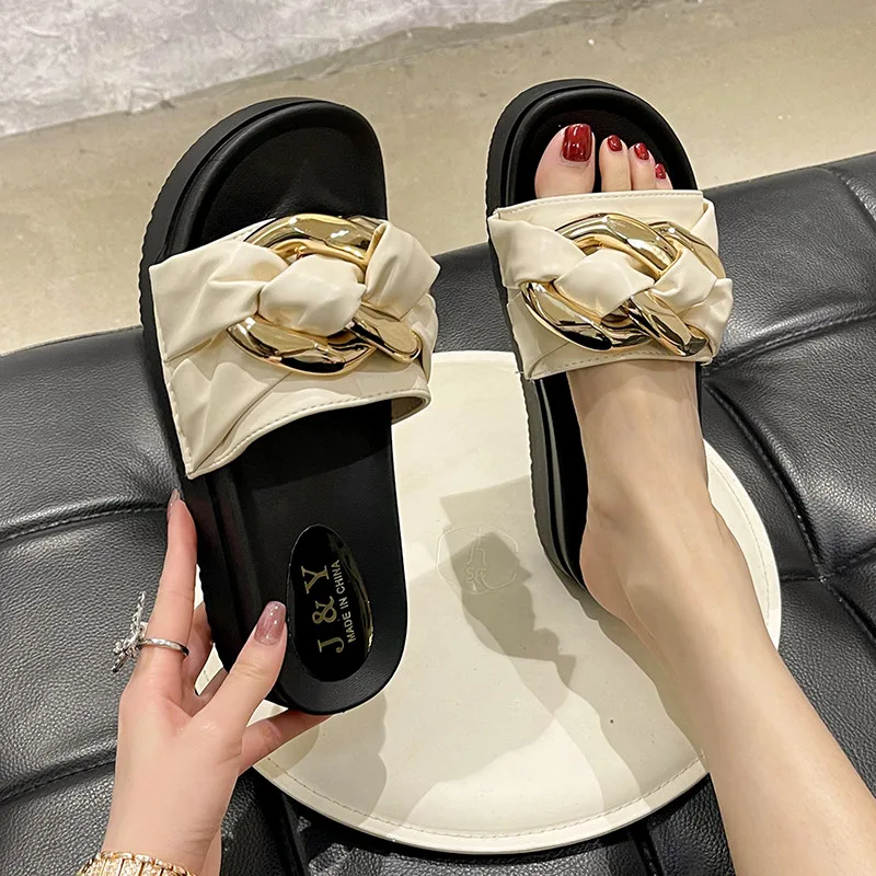 

Med Home Slippers Women's Platform Flat Shoes Female Slides Pantofle Fashion Massage 2022 Summer Luxury PU Rubber Chain House Sl
