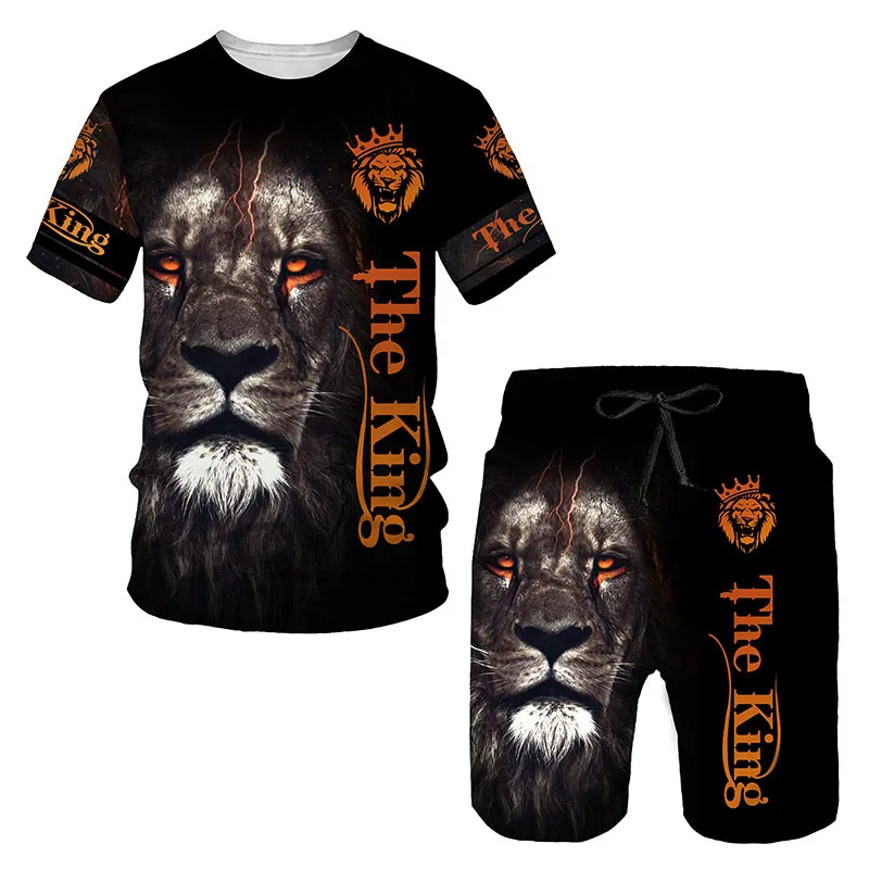 Summer Men T-shirt Set Tracksuit Cool Lion 3D Printed Short Sleeve Pants 2 Piece Casual Suit Sportswear Fashion Men's Clothing
