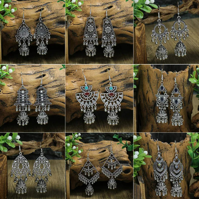 

Bohemian Vintage Dangle Earrings For Women Antique Silver Color Exaggerate Gypsy Ethnic Long Bell Indian Earrings Jewelry