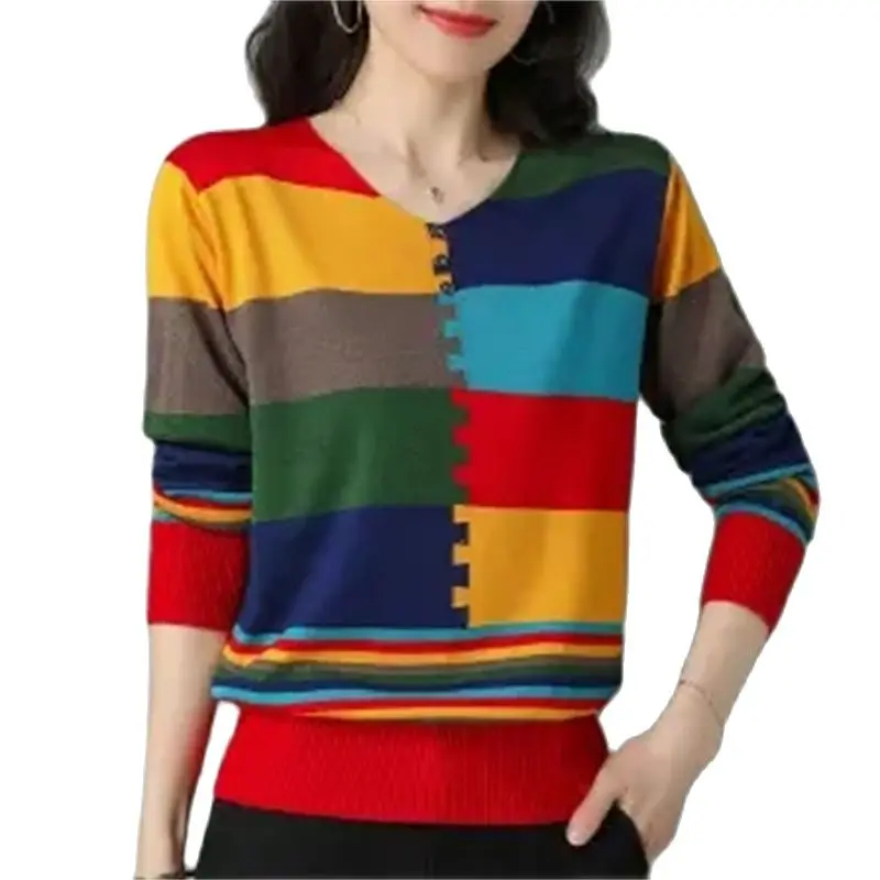 Clearance Pick Up Leaks Foreign Trade Women Long-Sleeved Color-Blocking Thin Pullover Sweater Female Knitting Loose Top Pullover