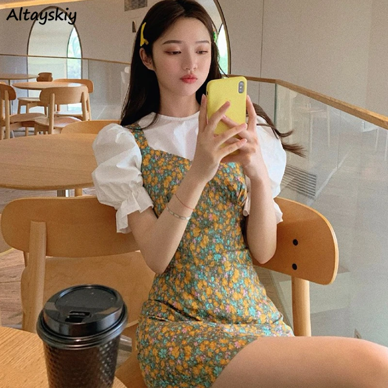 

Dress Sets Women 2 Piece Retro Printing Outfit Korean Style Popular Trendy Holiday StreetWear Slim Puff Sleeve Summer Lovely Top
