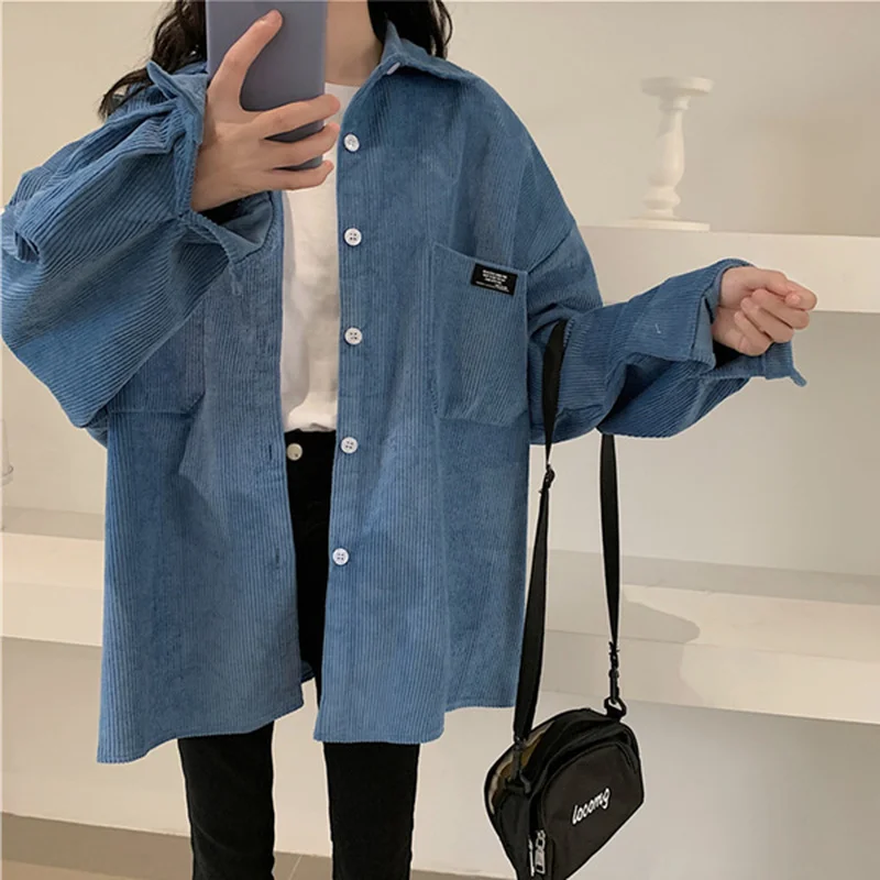 

Corduroy Shirt Women's Autumn Long-sleeved Shirt Spring and Autumn Korean Loose Bf Lazy Boyfriend Blue Shirt Jacket