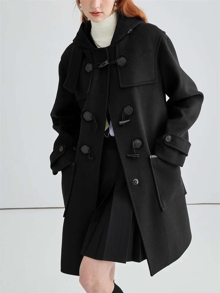 Cow Horn Button Hooded Woolen Coat Women's Autumn Winter New College Style Warm Loose Long Sleeve Mid Length Jacket Female