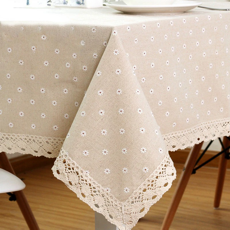 

Flower Pattern Tablecloth Hot Sale Linen and Cotton Lace Edge Rectangular Table Cloth Home Hotel Textile