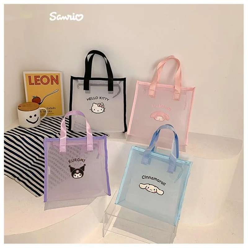 

New Sanrio Genuine Cute Kuromi Melody Hello Kitty Cartoon Mesh Handbag Cosmetic Bag Wash Bag Work Commute Snack Shopping Bag