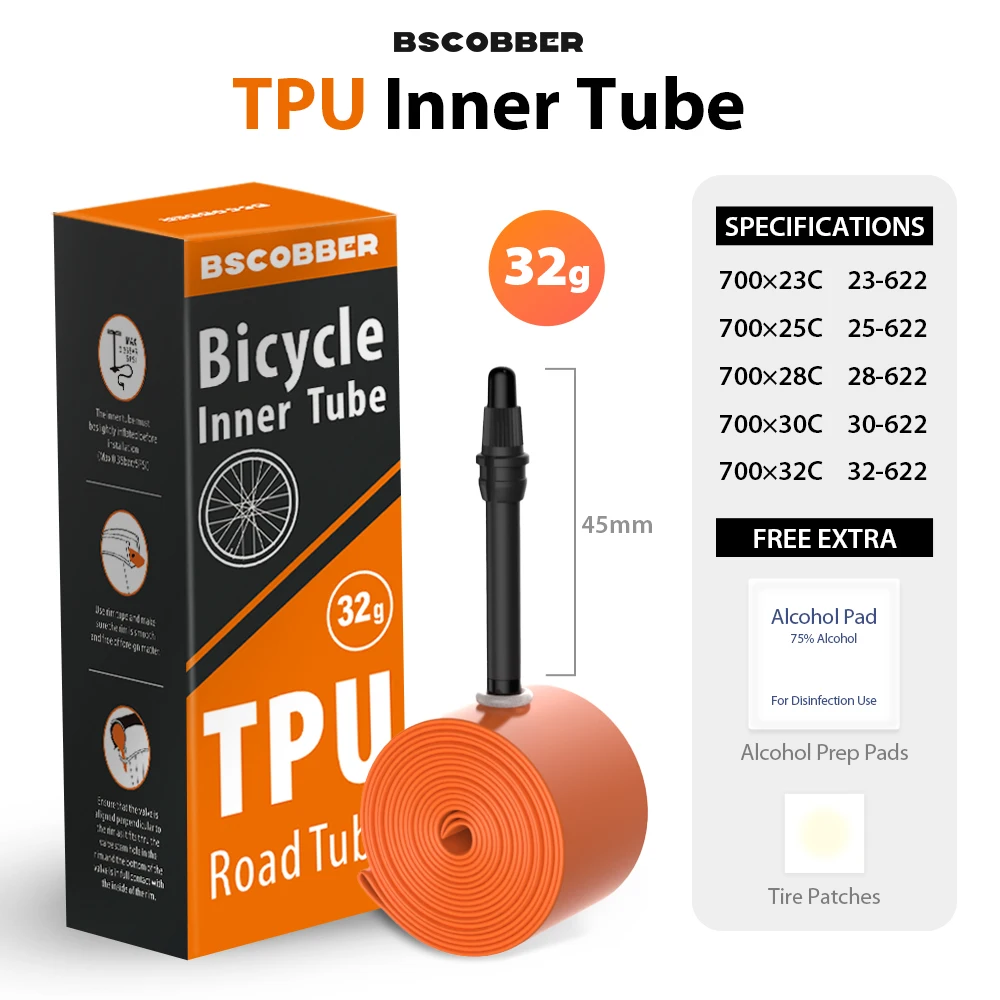 Фото Велосипедная камера BSCOBBER 700c из TPU, 45/65 мм, с французским ниппелем, сверхлегкая №5