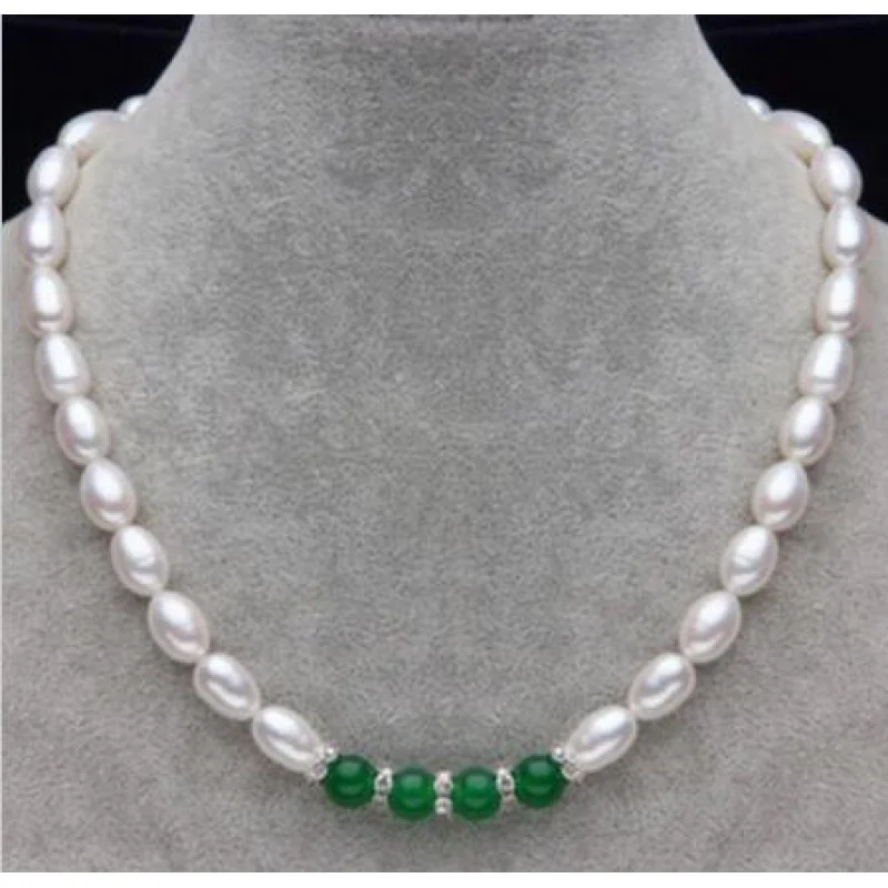 

Fashion Natural 7-8MM White Rice Akoya Pearl & Green stone Beads Necklace 18";