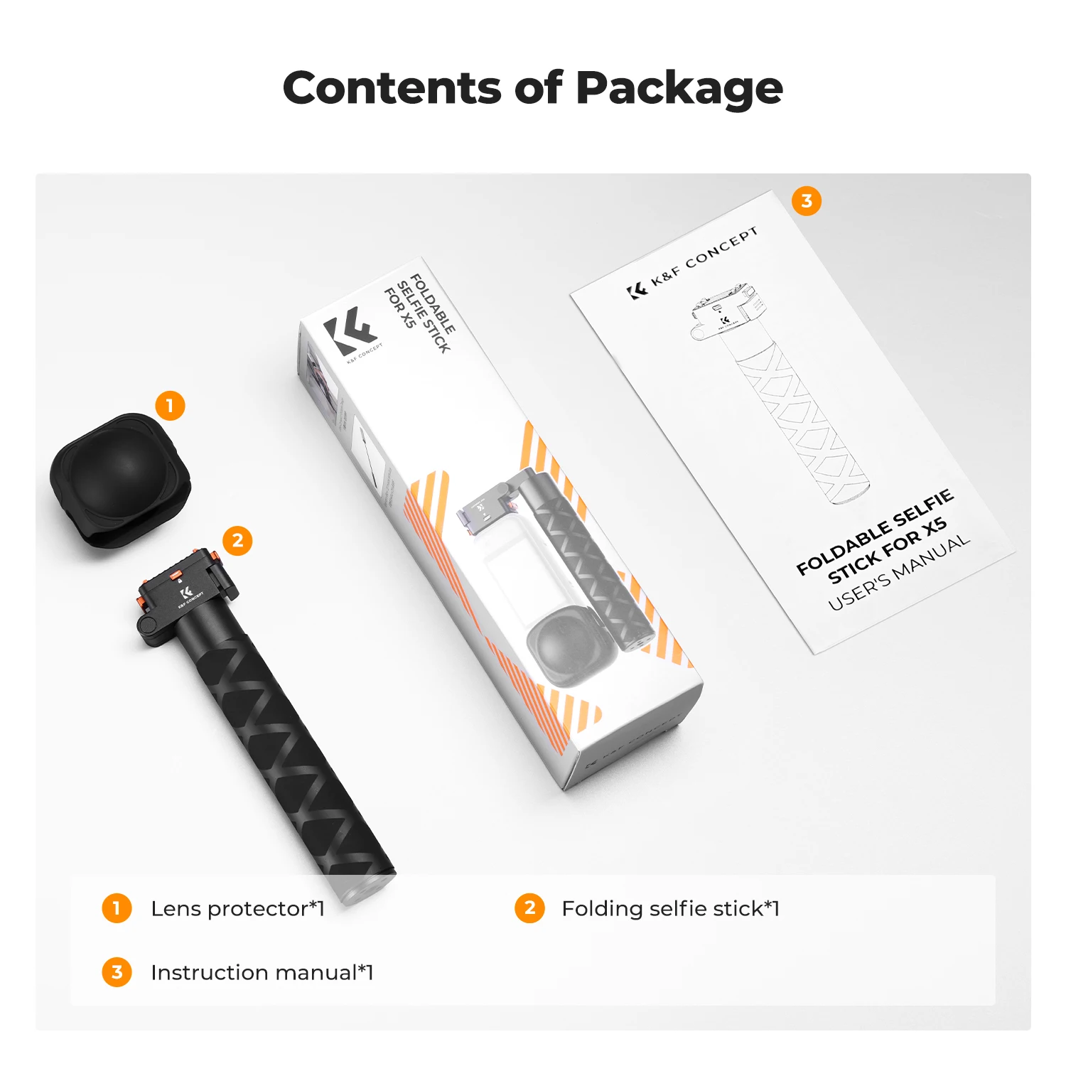 Складная селфи-палка K&F Concept для Insta360 X5, 35-дюймовая выдвижная невидимая палка, магнитное быстросъемное крепление, с винтом 14 дюйма (art.: 3920d942ceed3) - 3920d942ceed3