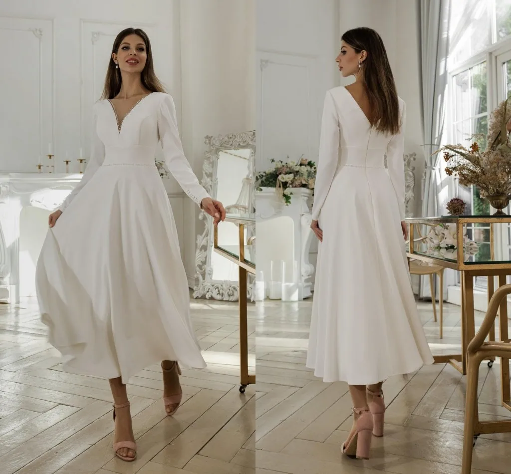 

Vintage Tea Length A-line Modest Wedding Dresses Bridal Gowns With Long Sleevs V Neck Informal Beach Summer Bride dress