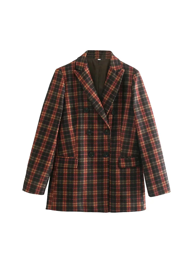 

BM&MD&ZA Women 2022 New Fashion lattice Double Breasted Blazer Coat Vintage Long Sleeve Pockets Female Outerwear Chic